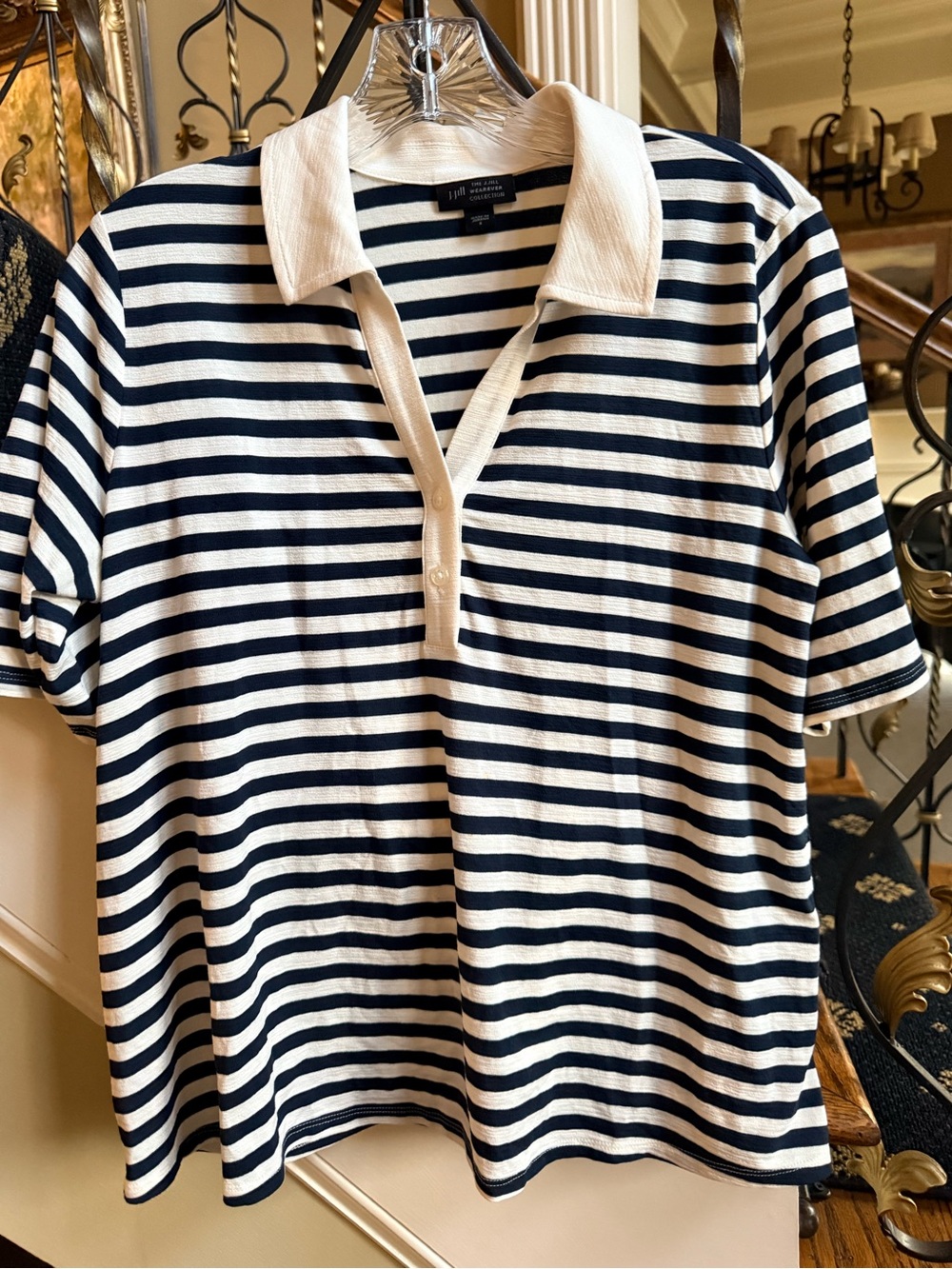 Jjill Wearever Collection . Navy/Cream strip V neck with button front.Collar. S